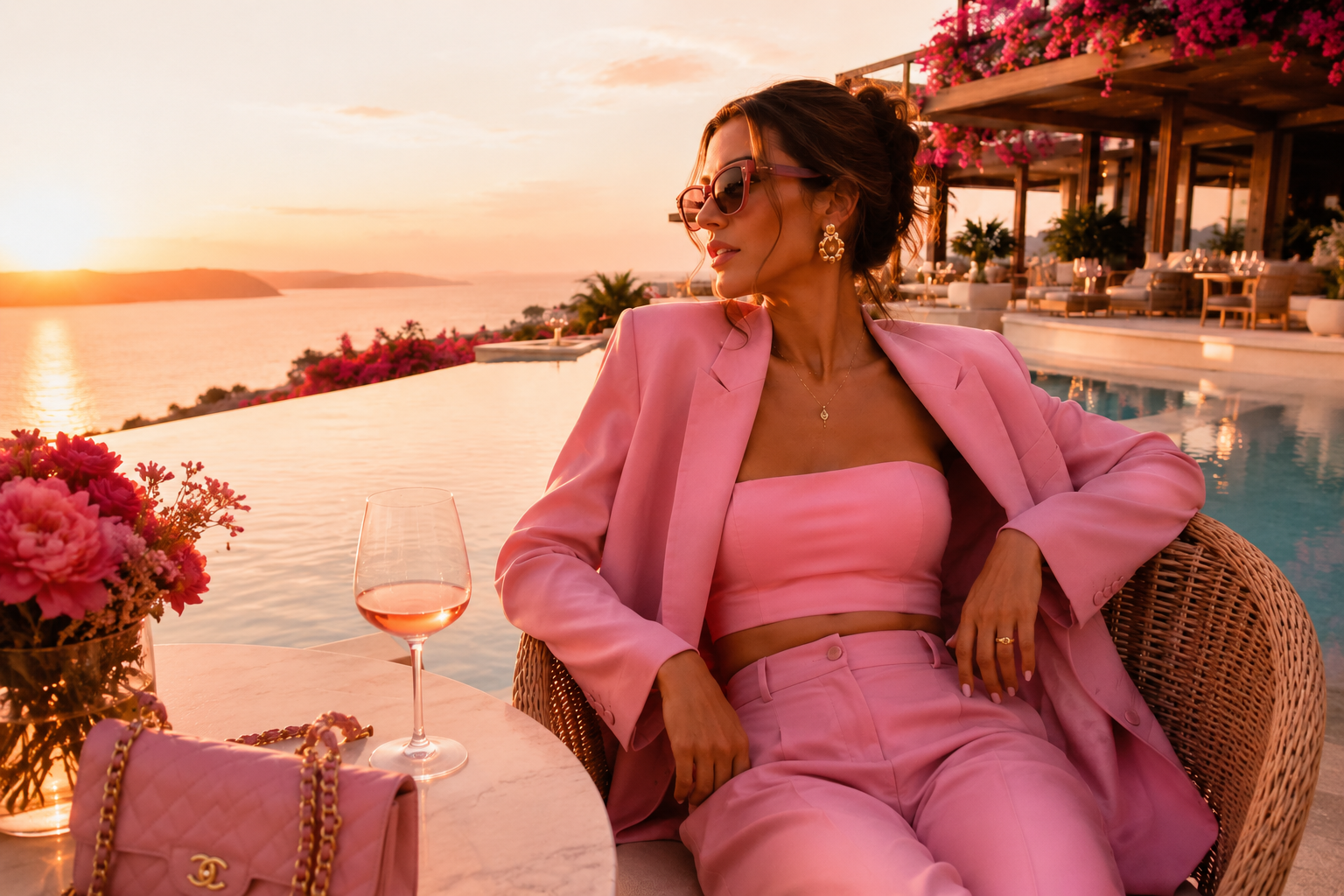 A woman of the She Evolved Collective movement at a luxury sunset terrace — leadership, wealth and personal transformation