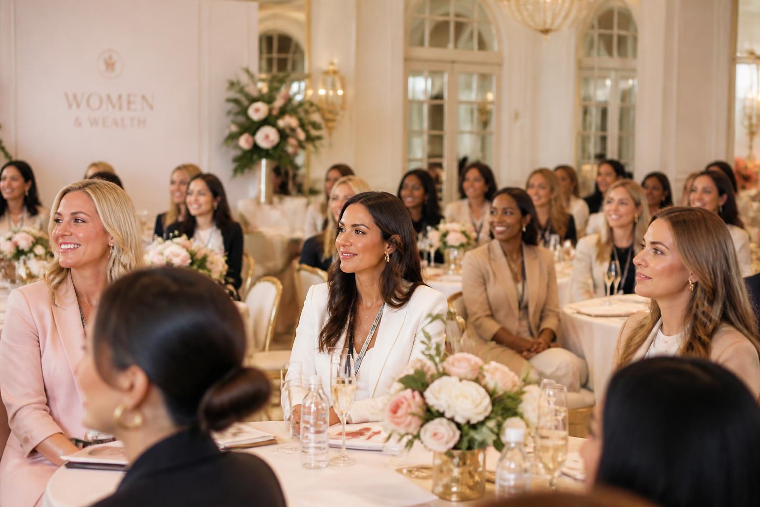 Women gathered at a She Evolved Collective live experience in an elegant ballroom